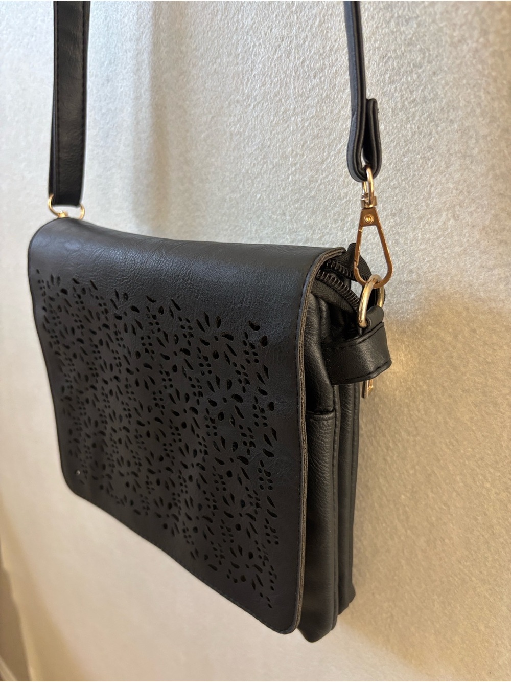 Black Floral Cutout Crossbody Shoulder Bag